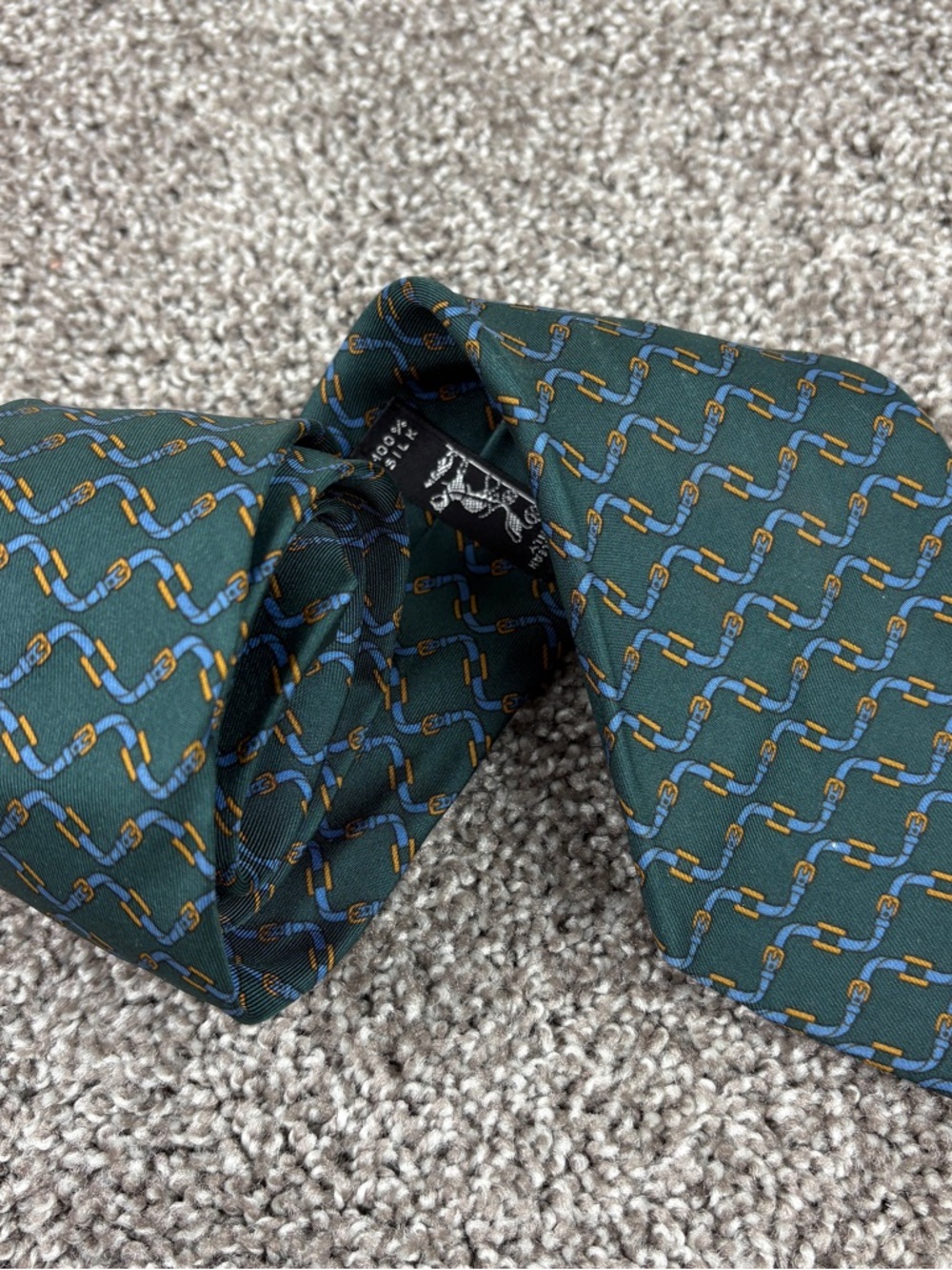 Men's Hermes France Green Silk Equestrian Harness Strap Print Tie-53” L x 3.25"W